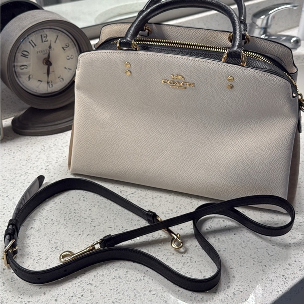 Coach Lillie Cream and Black Carryall with Gold Hardware